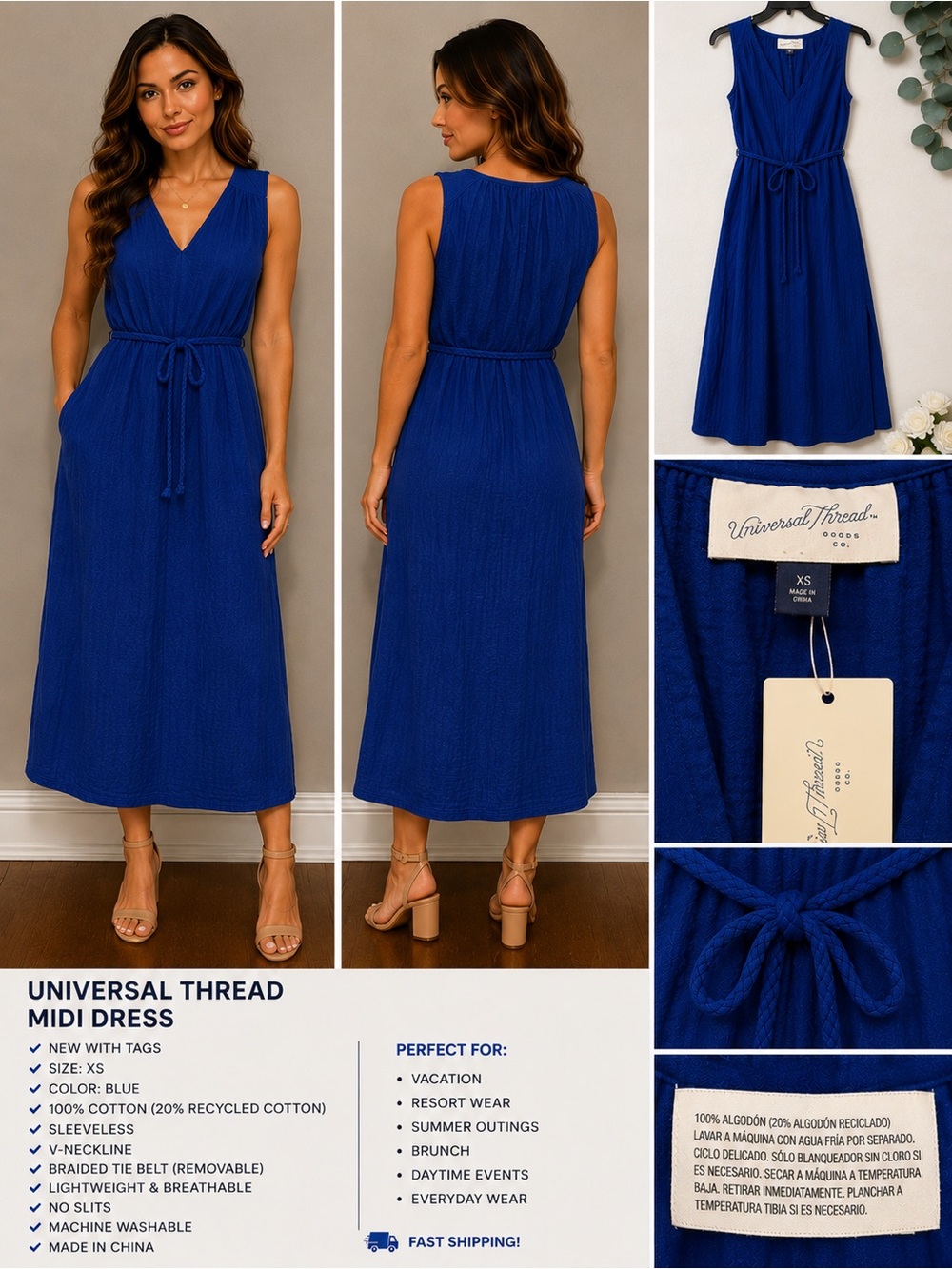 Universal Thread NWT Blue Cotton Midi Dress XS Belted